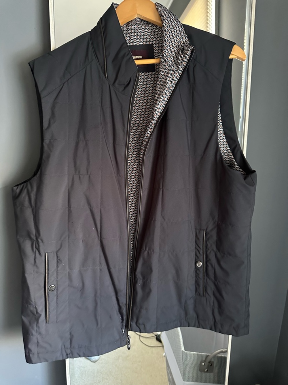 Johnston & Murphy Black Reversible Quilted Vest with Patterned Lining